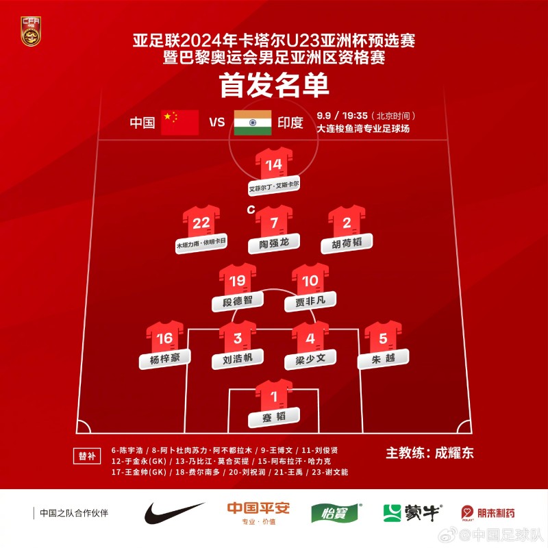 国奥vs印度首发出炉：4-2-3-1阵型，艾菲尔丁突前，陶强龙前腰