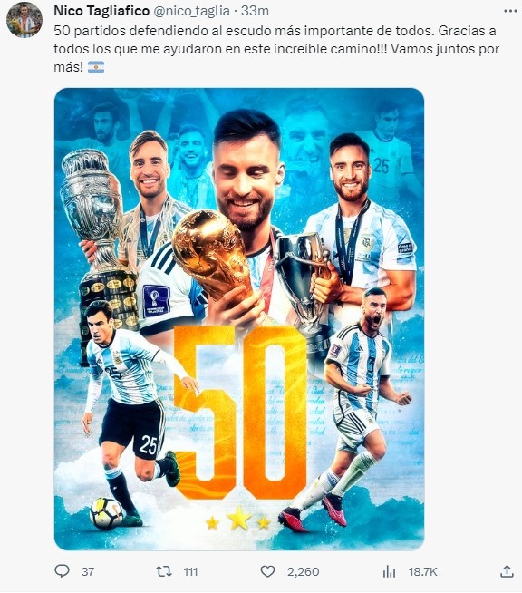 塔利亚菲科：捍卫了最重要的阿根廷队徽50场比赛，未来争取更多